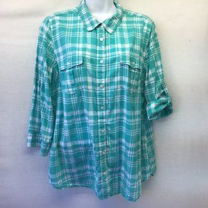 St Johns Bay Women's Top Blue Plaid Check Tab Sleeve Button Up Pockets Size XL